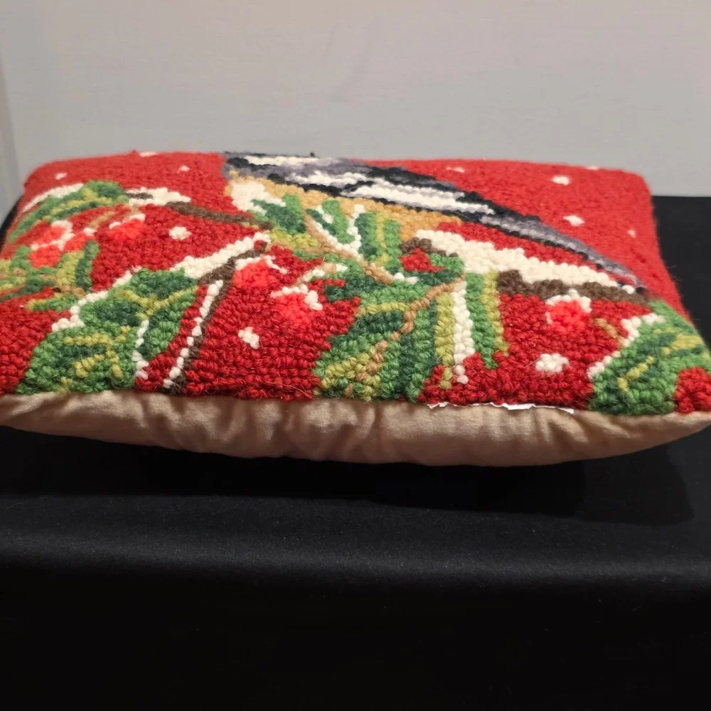 Vintage Hand Hooked Wool Chickadee Bird Accent Pillow, Red, Christmas Decor